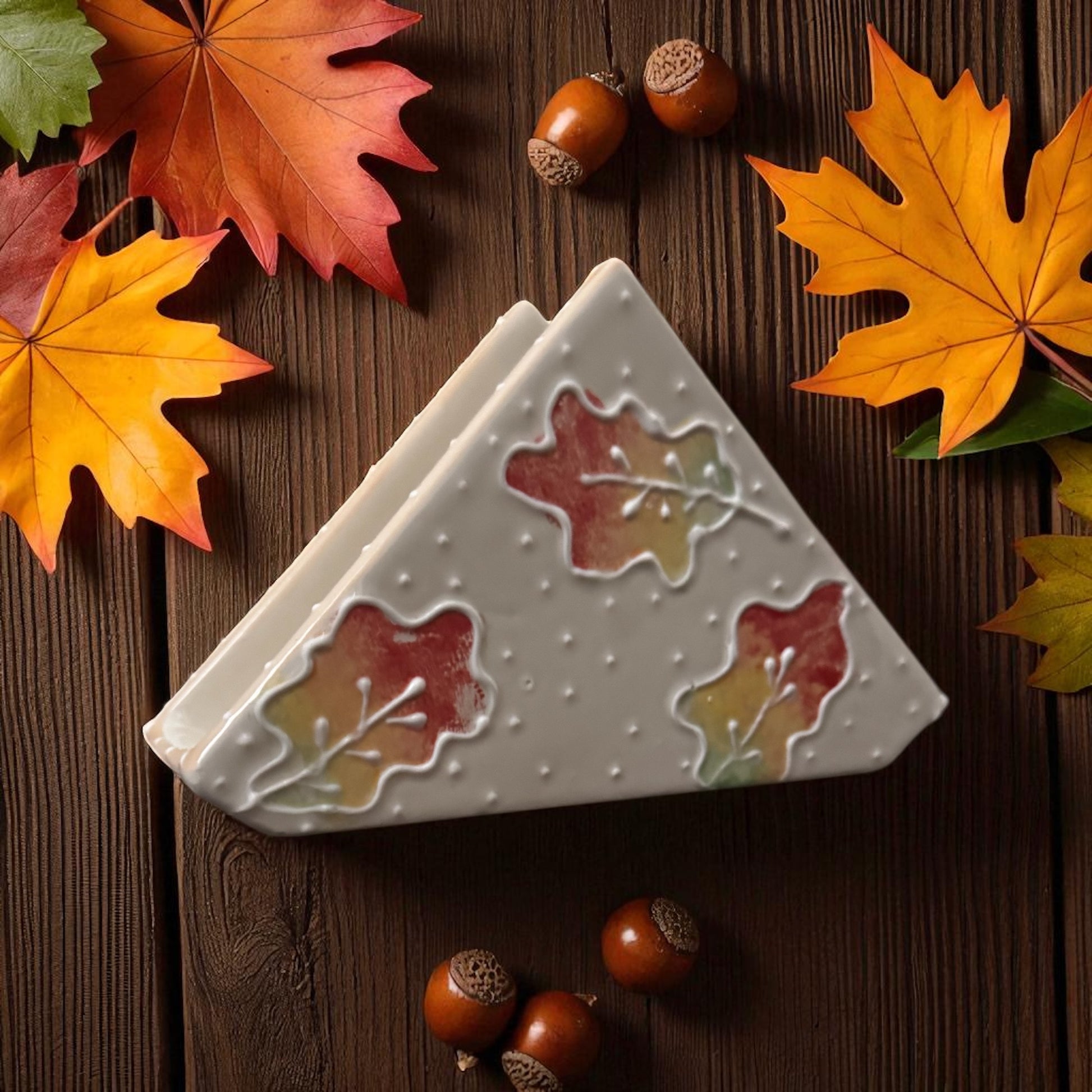 Triangular napkin holder with autumn leaf design on a wooden surface with leaves and acorns.