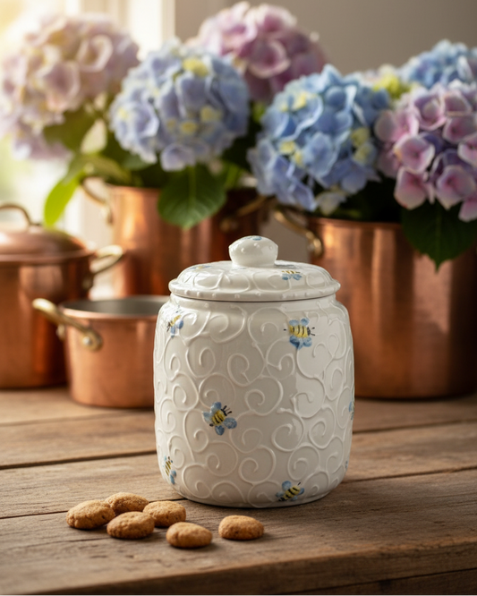 A white ceramic honey jar with a lid, decorated with embossed swirls and small yellow-and-blue bumblebee motifs, sitting on a rustic wooden table. A few almonds are placed in front, with copper pots and blurred purple and blue hydrangeas in the background.