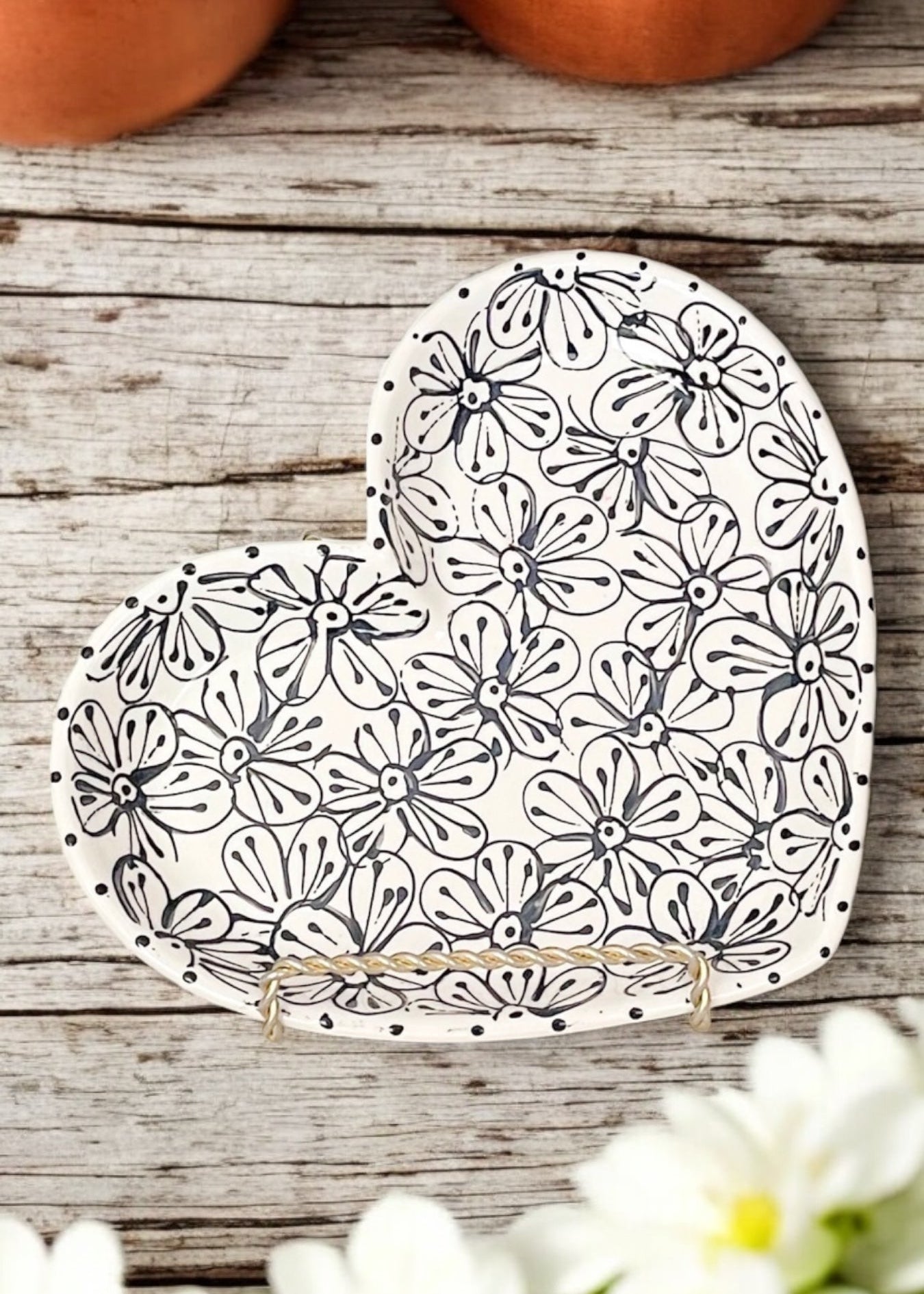 Black Floral Ceramic Heart Plate