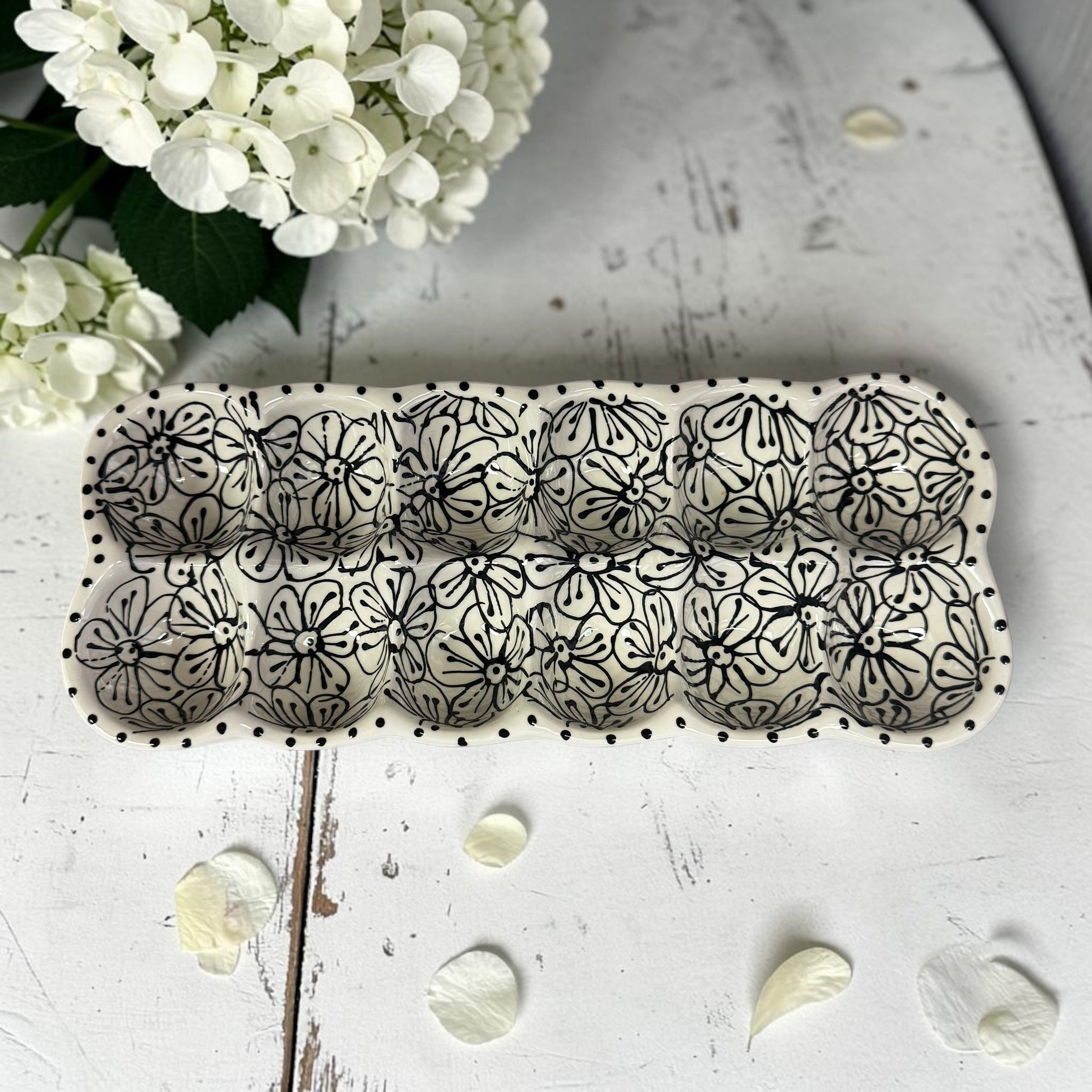 Black Floral handpainted egg tray ceramic - made in Canada- Ladybird Ceramics 