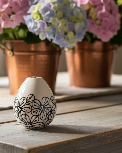 A small white ceramic vase with a black floral pattern sits on a rustic wooden table, styled in front of copper bowls and large copper flower vases filled with pink, purple, and blue hydrangeas.