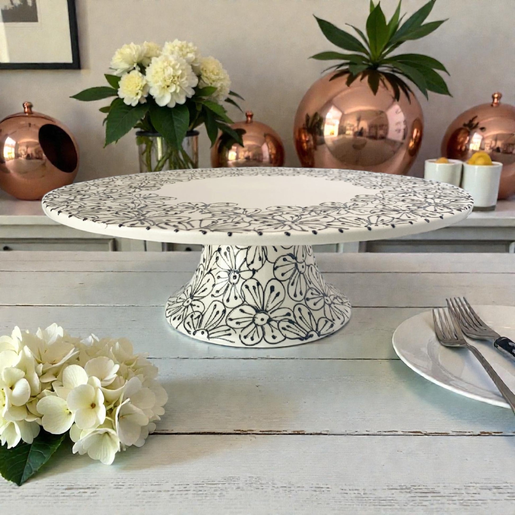 Black and White Floral Ceramic Painted Cake Stand - Ladybird Ceramics 