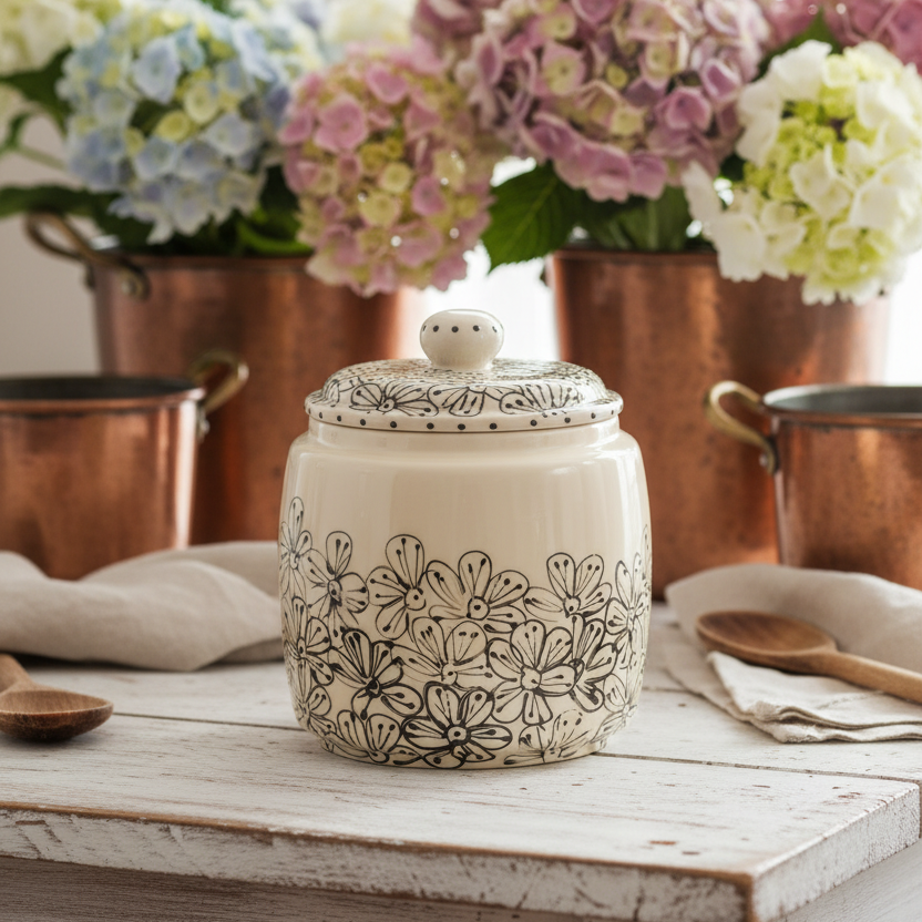 A cream-colored ceramic canister with a matching lid, decorated with a black floral pattern, displayed on a rustic white wooden table. The background features copper pots filled with pastel-colored hydrangeas.