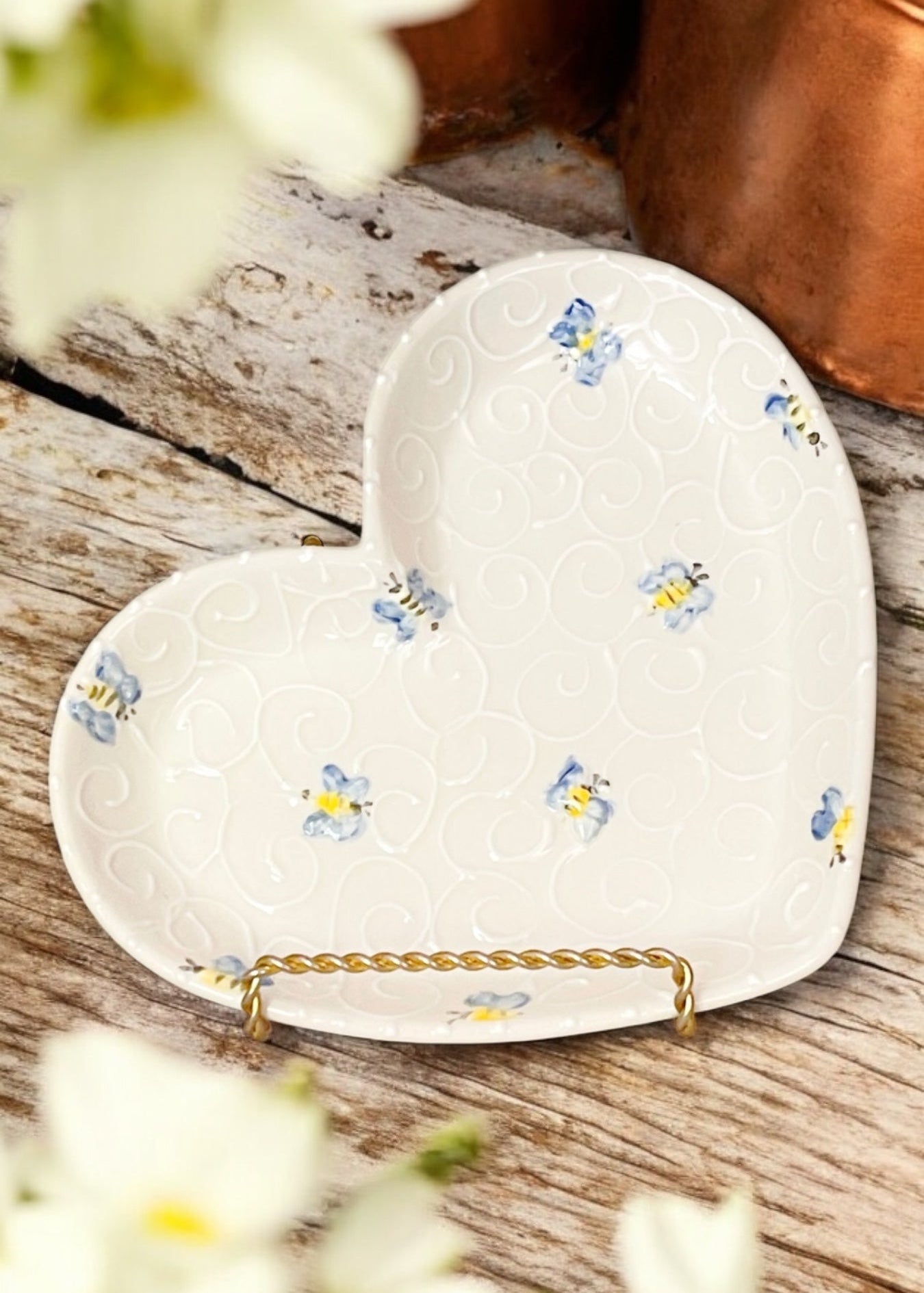 Blue Bee Heart Ceramic Plate 