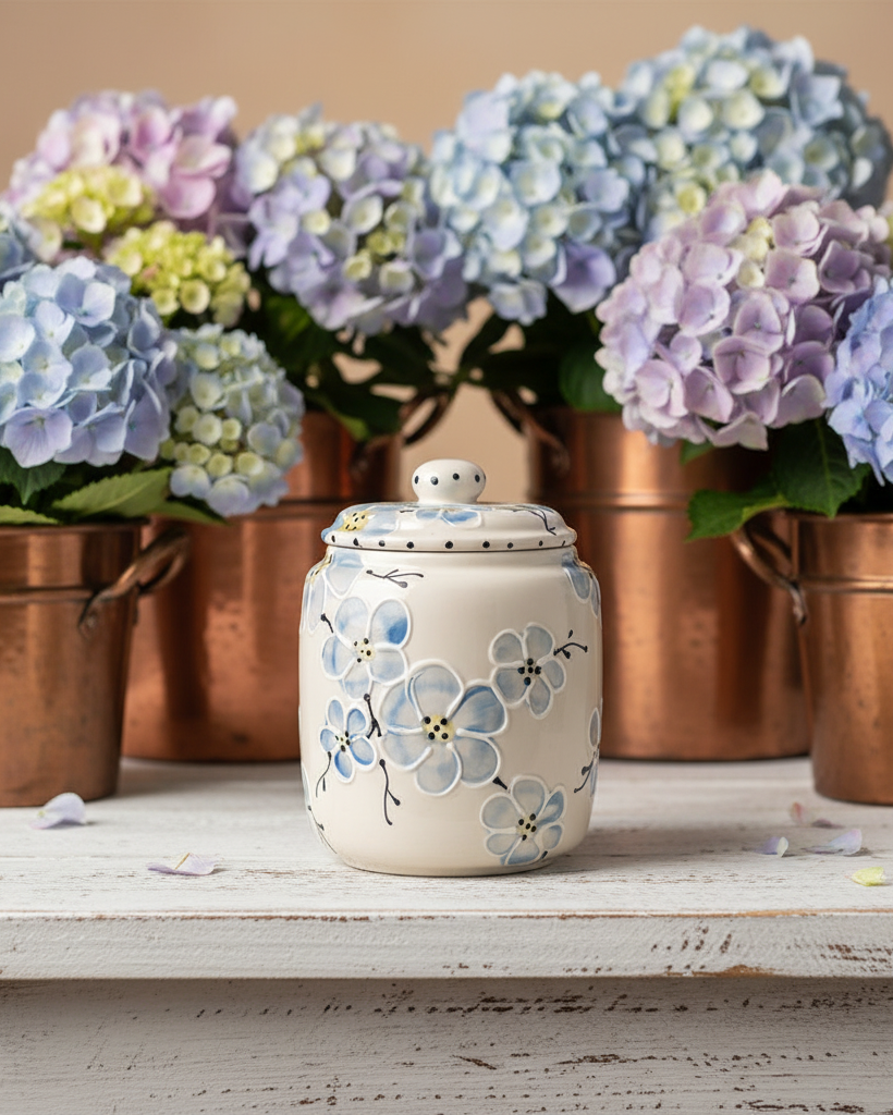 A cream-colored ceramic jar with a matching lid, decorated with a light blue and lavender floral pattern, displayed on a rustic white wooden surface. The jar is centered in front of a decorative background of copper planters filled with blue, purple, and green hydrangeas.