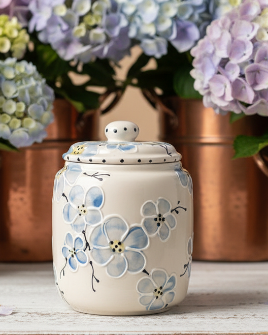 A ceramic canister with a matching lid, decorated with light blue and white floral motifs on a cream background, styled in front of copper pots and purple hydrangeas.