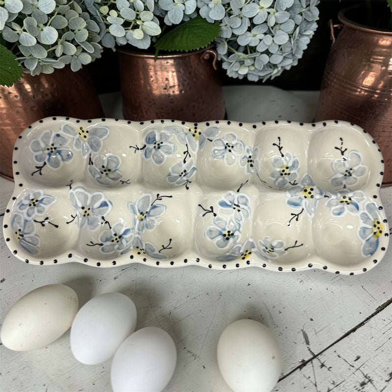 Blue Cherry Blossom Florals Handpainted on Ceramic Egg Tray - Made in Canada - Ladybird Ceramics