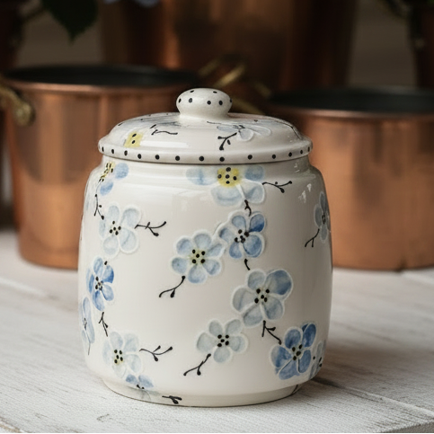 A white ceramic canister with a matching lid, decorated with a delicate blue and yellow floral pattern, set on a rustic white wooden table with blurred copper pots and flowers in the background.