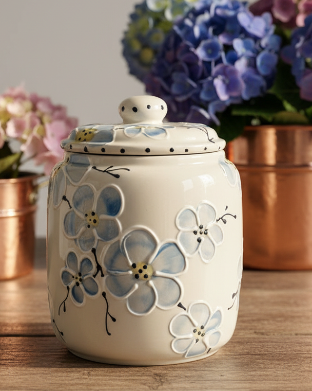 A cream-colored ceramic canister with a matching lid, decorated with light blue and white floral motifs, set on a wooden table with blurred purple and pink hydrangeas in the background.