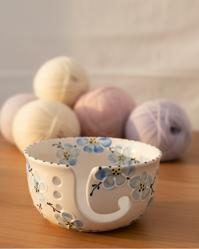 A ceramic knitting bowl with a floral pattern, placed on a wooden surface with skeins of yarn blurred in the background.