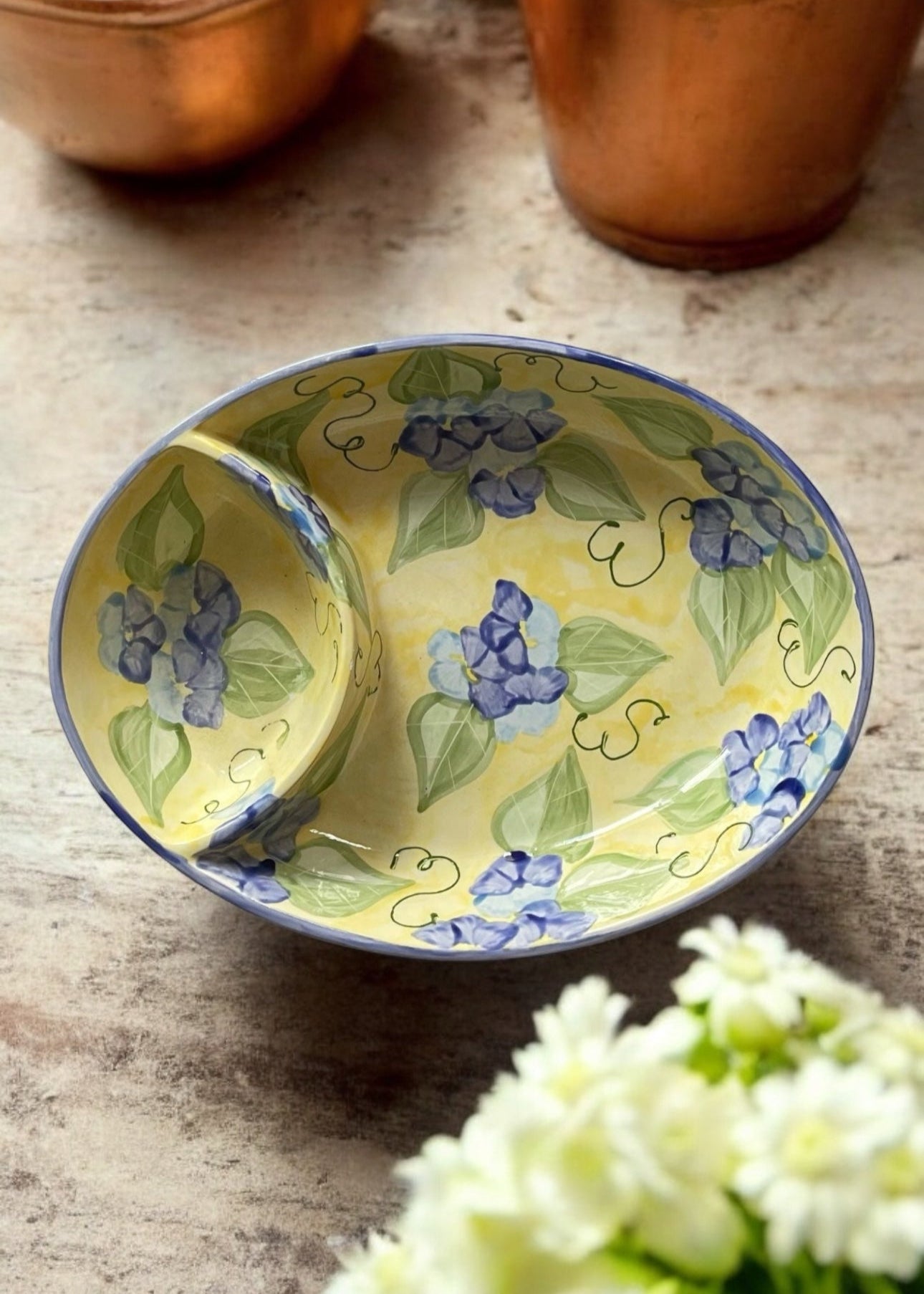 Blue Yellow pansy dip bowl