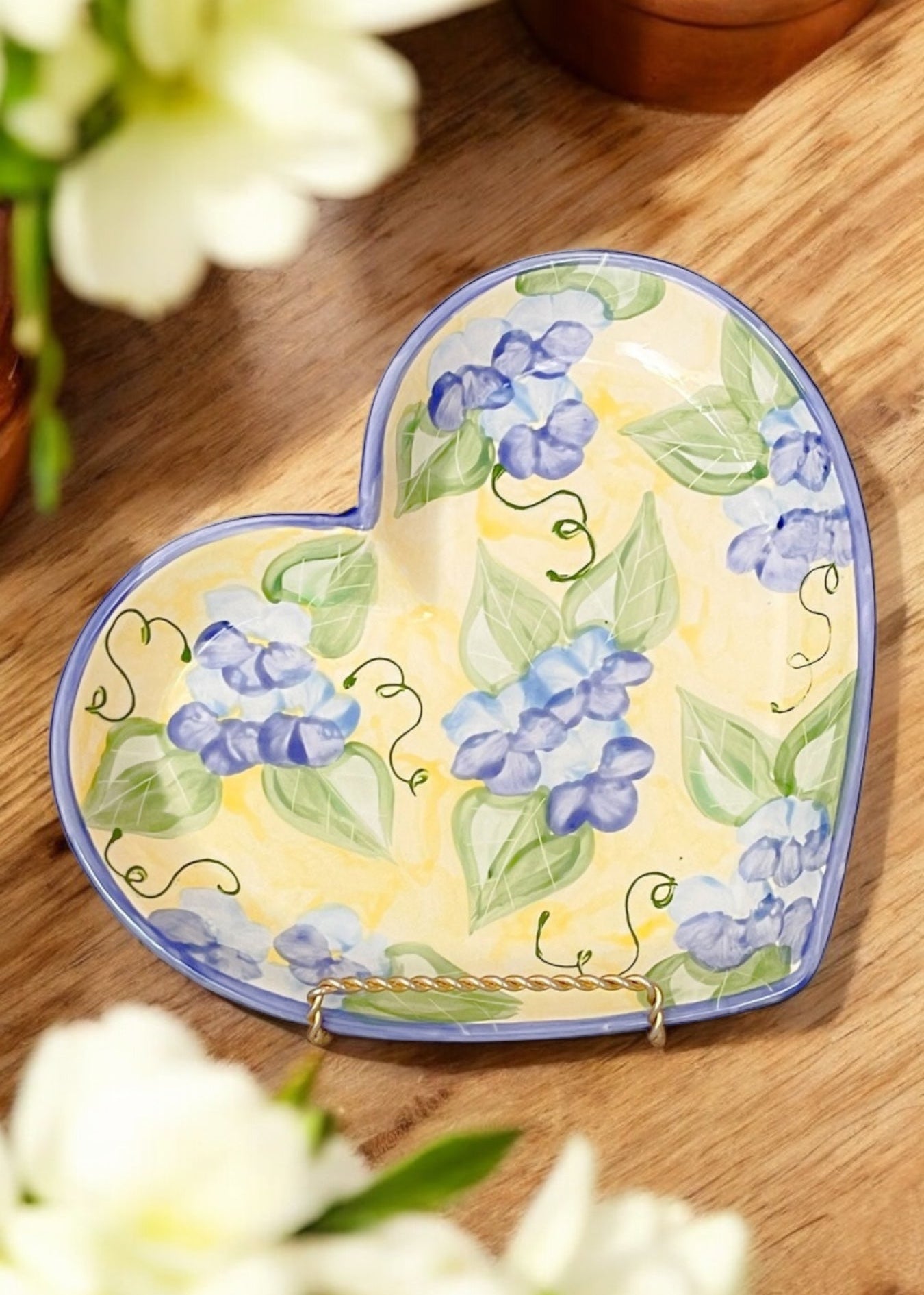 Blue and Yellow Pansy Heart Ceramic