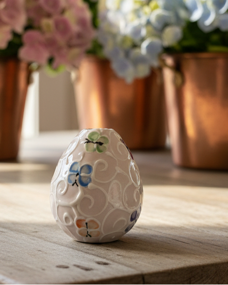 A small white ceramic egg-shaped vase with embossed scrollwork and hand-painted floral motifs in blue, green, and orange, set on a wooden surface with blurred copper pots of flowers in the background.