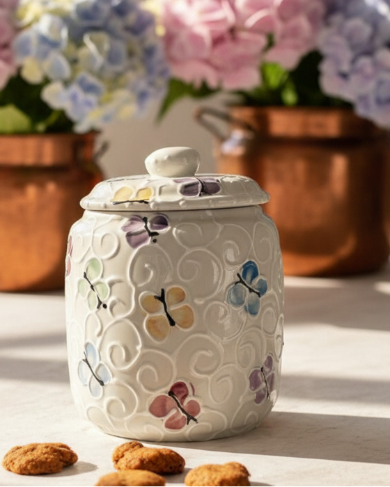 A white ceramic cookie jar with a lid, decorated with embossed swirls and hand-painted pastel butterflies, set on a tabletop with cookies in the foreground and blurred pink and blue hydrangeas in copper pots in the background.