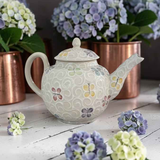 A ceramic teapot with a white base, embossed butterfly patterns, and hand-painted pastel flowers, styled on a white wooden surface with potted hydrangeas in the background.