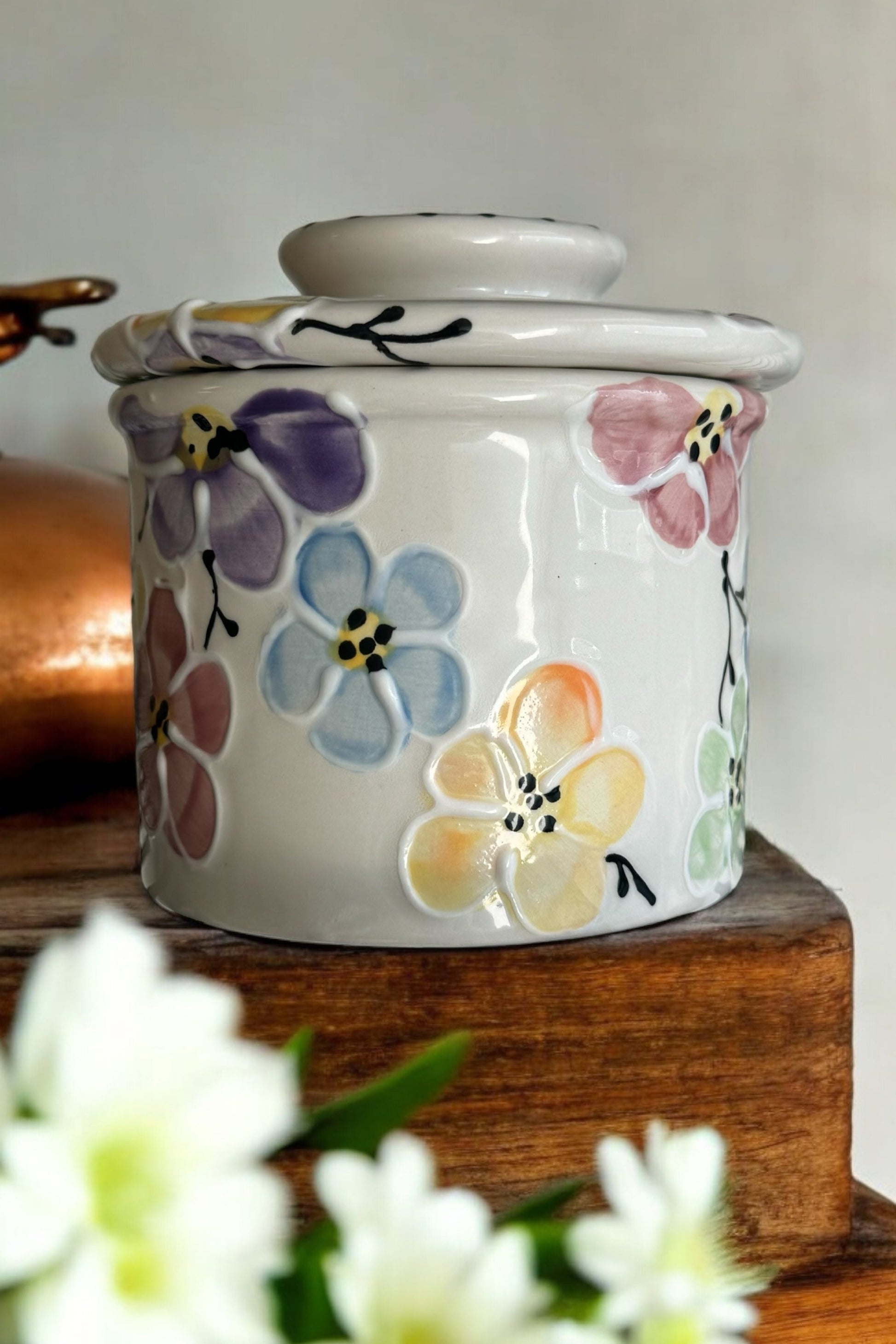 floral colorful butter crockery