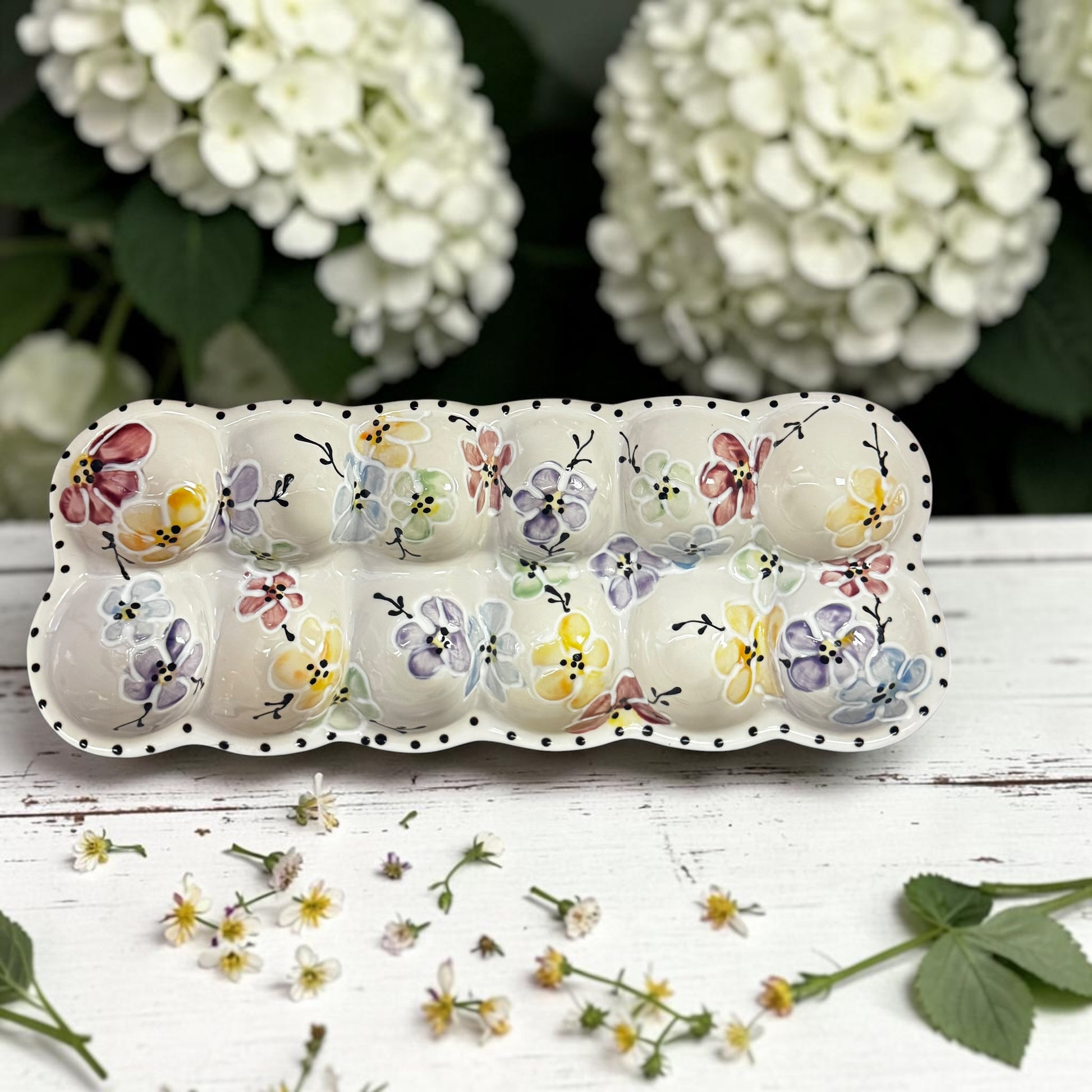 Colorful Cherry blossom floral handpainted egg tray ceramic - made in Canada- Ladybird Ceramics 