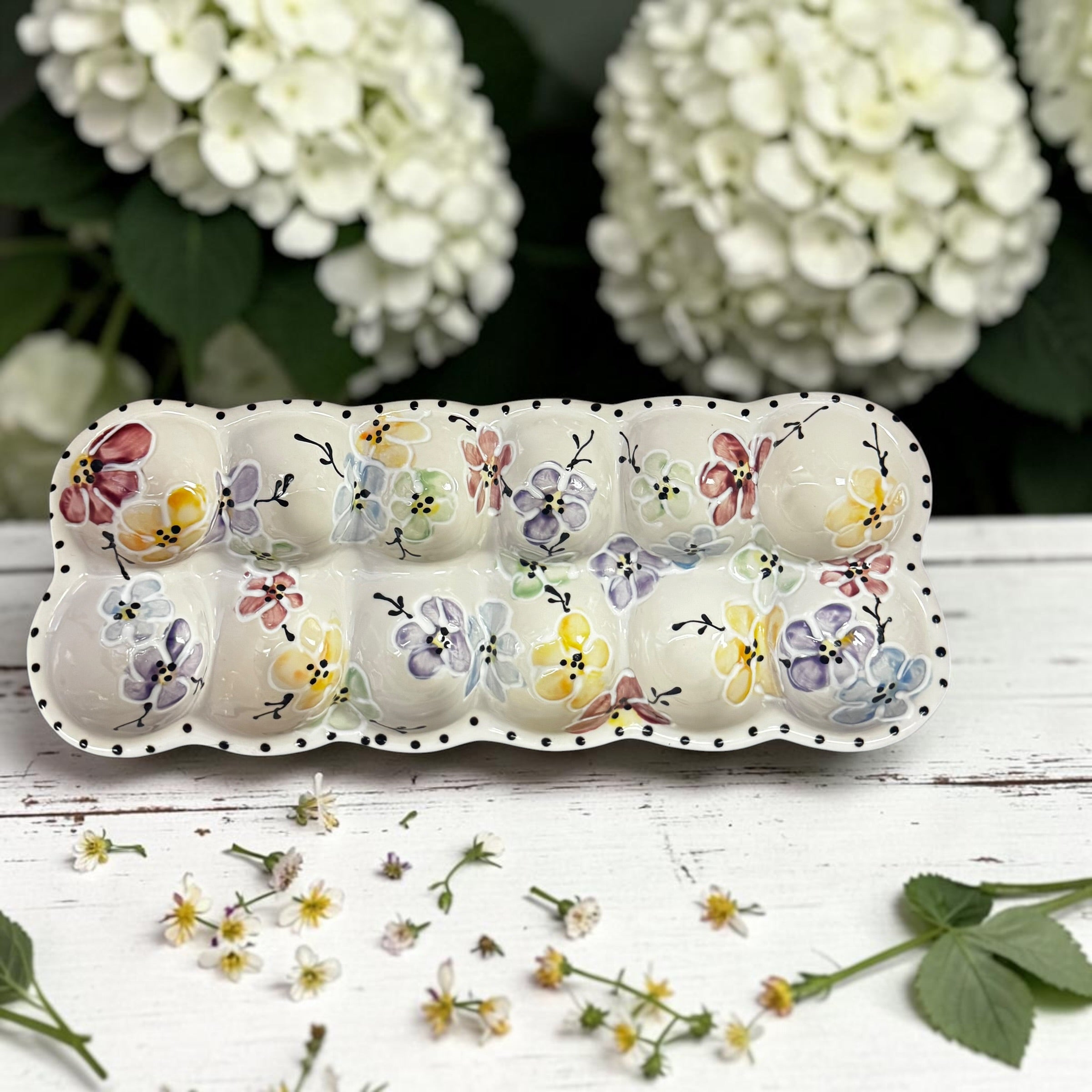 Colorful Cherry blossom floral handpainted egg tray ceramic - made in Canada- Ladybird Ceramics 