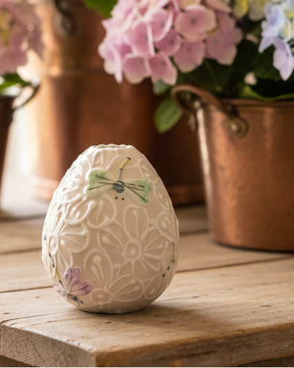 A small decorative ceramic egg-shaped vase with embossed floral patterns and painted green and purple details, placed on a wooden surface with blurred pink flowers and copper planters in the background.