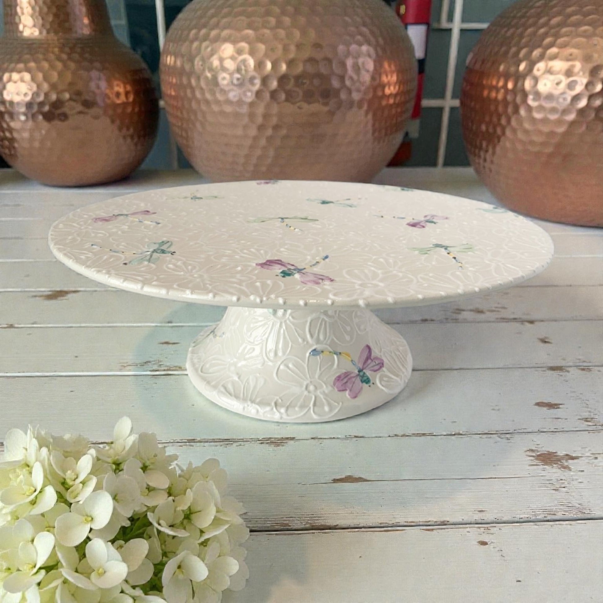 Dragonfly Ceramic Painted Cake Stand - Ladybird Ceramics 