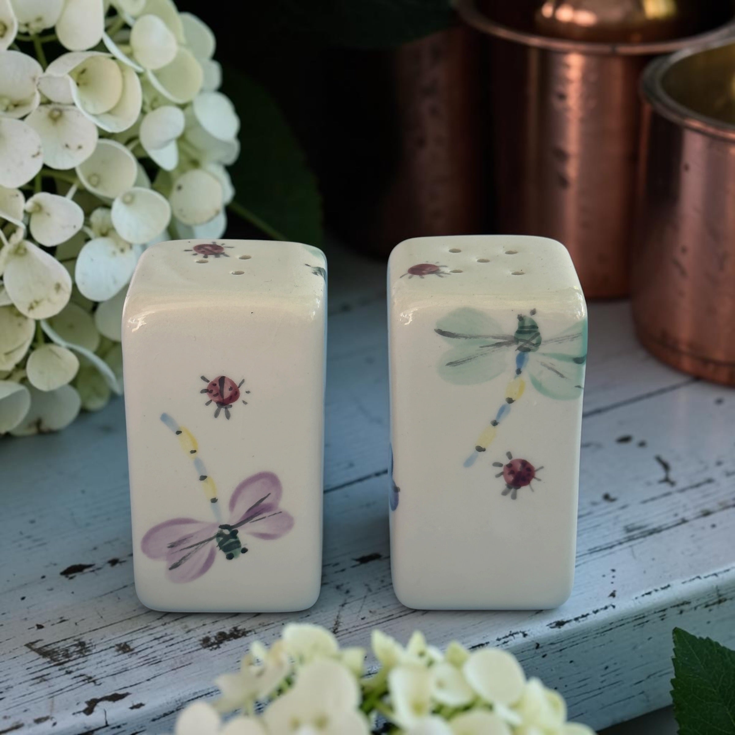 Two ceramic salt and pepper with dragonfly designs on a wooden surface with flowers and copper pots in the background.