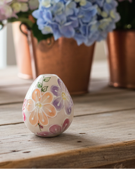 A small decorative ceramic egg-shaped vase with hand-painted pastel flowers sits on a rustic wooden table, with blurred copper planters and blue hydrangeas in the background.
