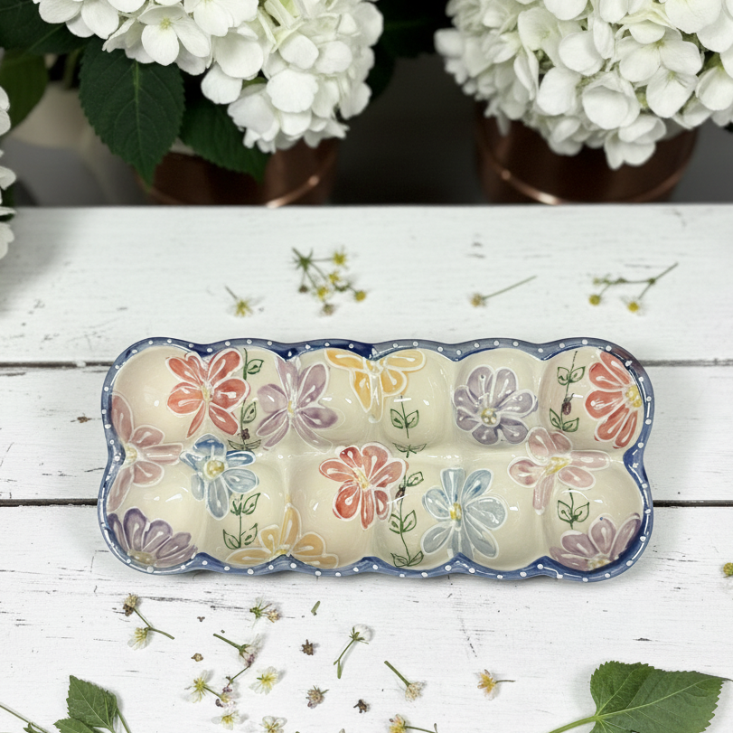 A scalloped ceramic egg storage dish with six compartments, decorated with a colorful floral pattern on a cream background with a blue rim, set on a white wooden surface with white flowers in the background.