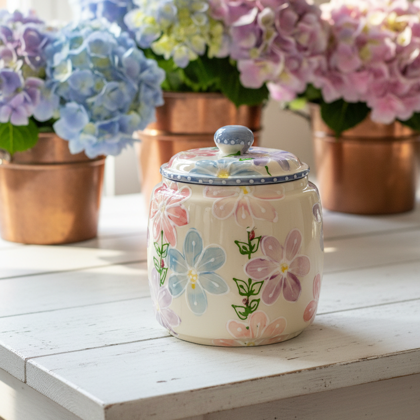 A ceramic lidded jar with a floral pattern sits on a white wooden table, with potted hydrangeas in the background.