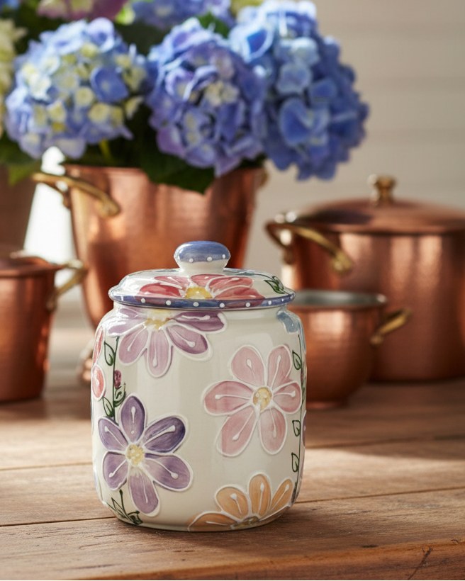 A ceramic canister with a matching lid, decorated with colorful hand-painted flowers, sits on a wooden table in a kitchen setting. In the background, copper pots and a vase of blue and purple hydrangeas are visible.