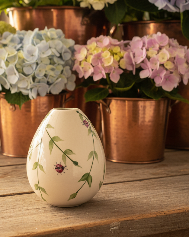 A small cream-colored ceramic vase with a painted green vine and ladybug design sits on a rustic wooden table, with copper planters and pastel hydrangeas blurred in the background.