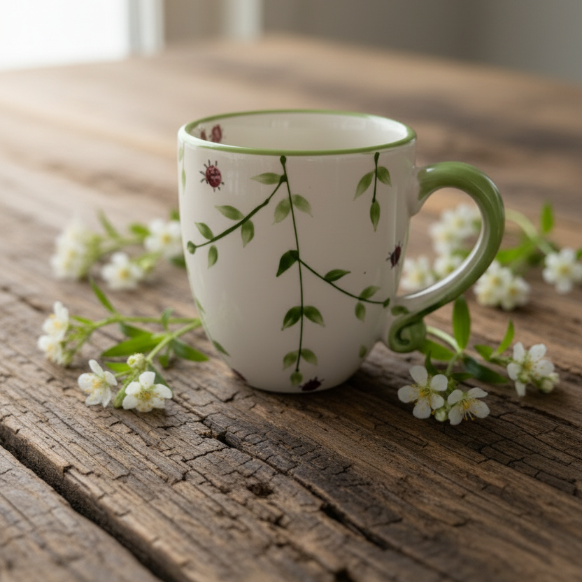 A white ceramic mug with a green handle and a delicate green vine and ladybug pattern, styled on a rustic wooden table with small white flowers.