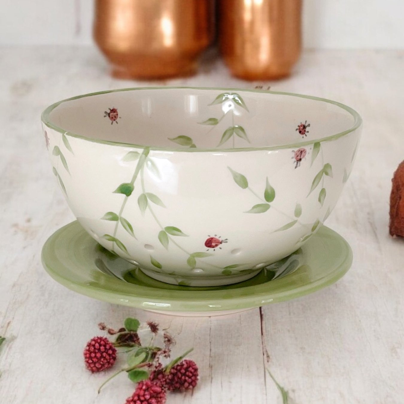 Green Leaf painted pattern small Berry Bowl - Ladybird Ceramics