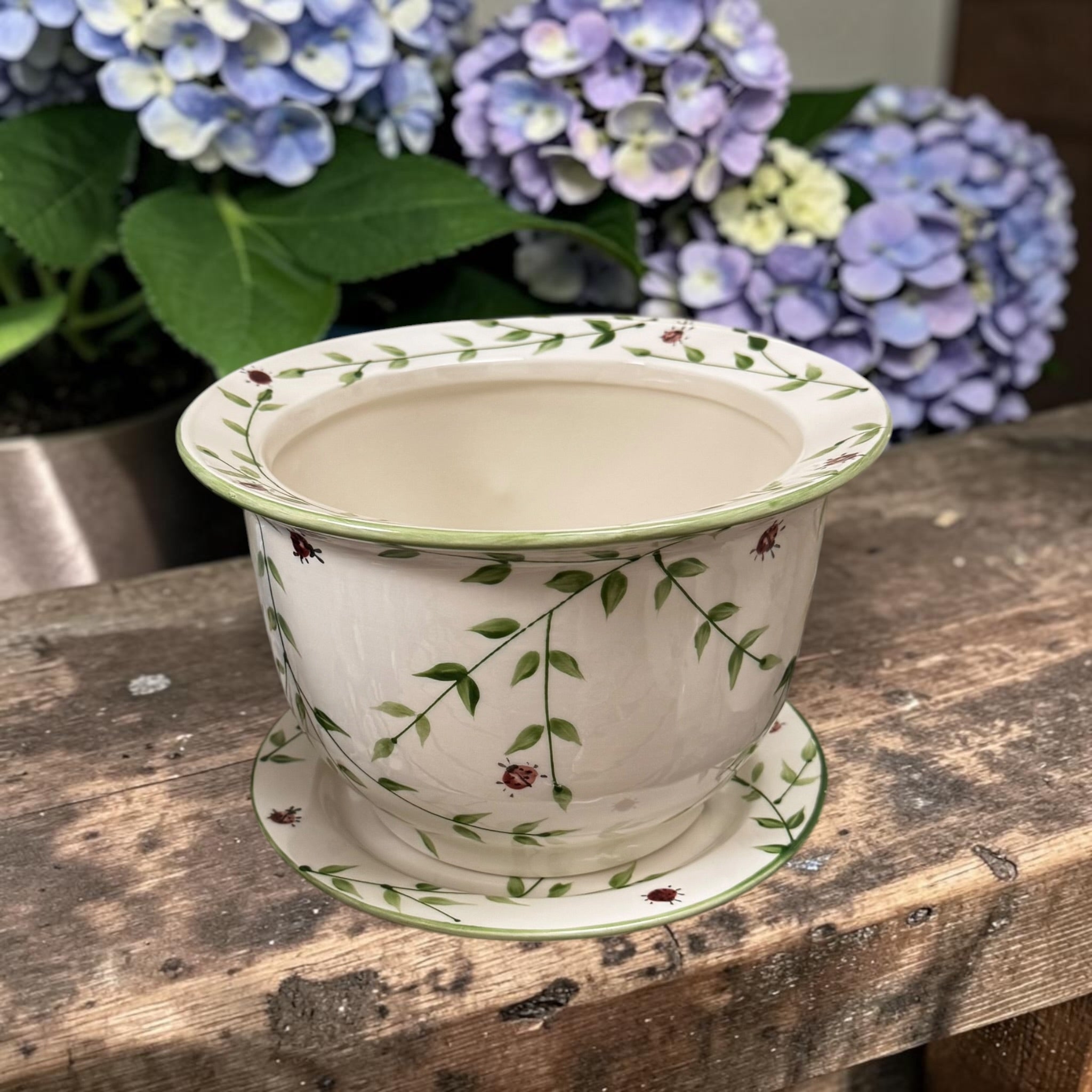 Green Leaves painted Flower Pot | Ladybird Ceramicss Canada