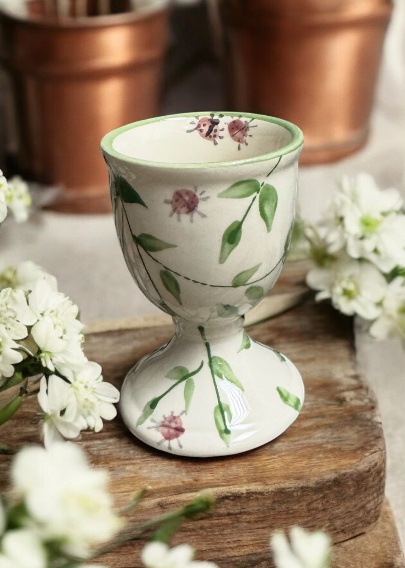Green Leaves Painted Ceramic Egg Cup
