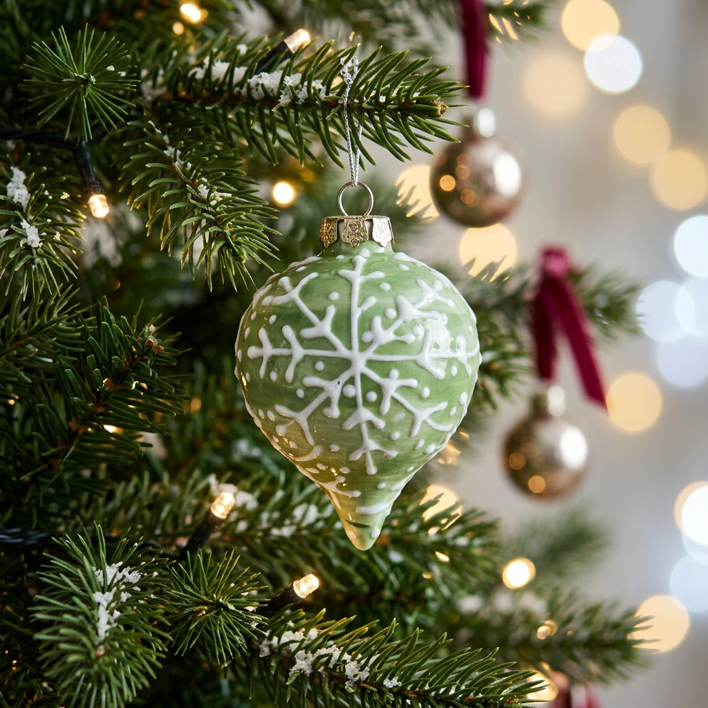 Hand-painted ceramic oblong Christmas ornament in green with raised white snowflake design – Ladybird Ceramics