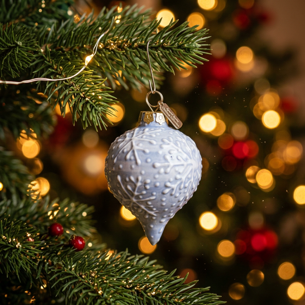 Hand-painted ceramic oblong Christmas ornament with blue snowflake design – Ladybird Ceramics