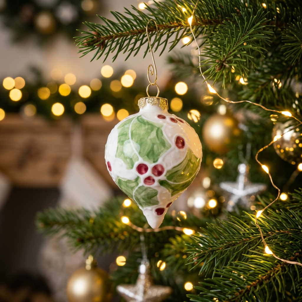 Hand-painted ceramic oblong Christmas ornament with holly design – Ladybird Ceramics