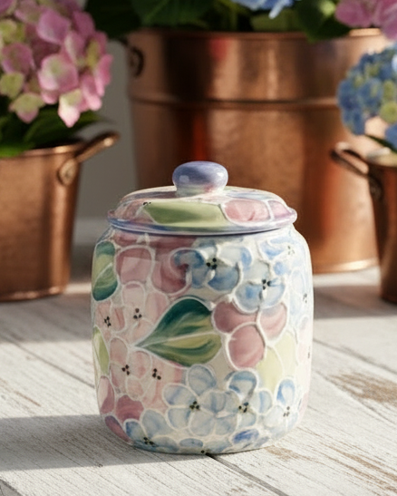 A ceramic lidded jar with a floral pattern in pastel pink, blue, and green, set on a rustic white wooden surface with copper planters and flowers in the background.