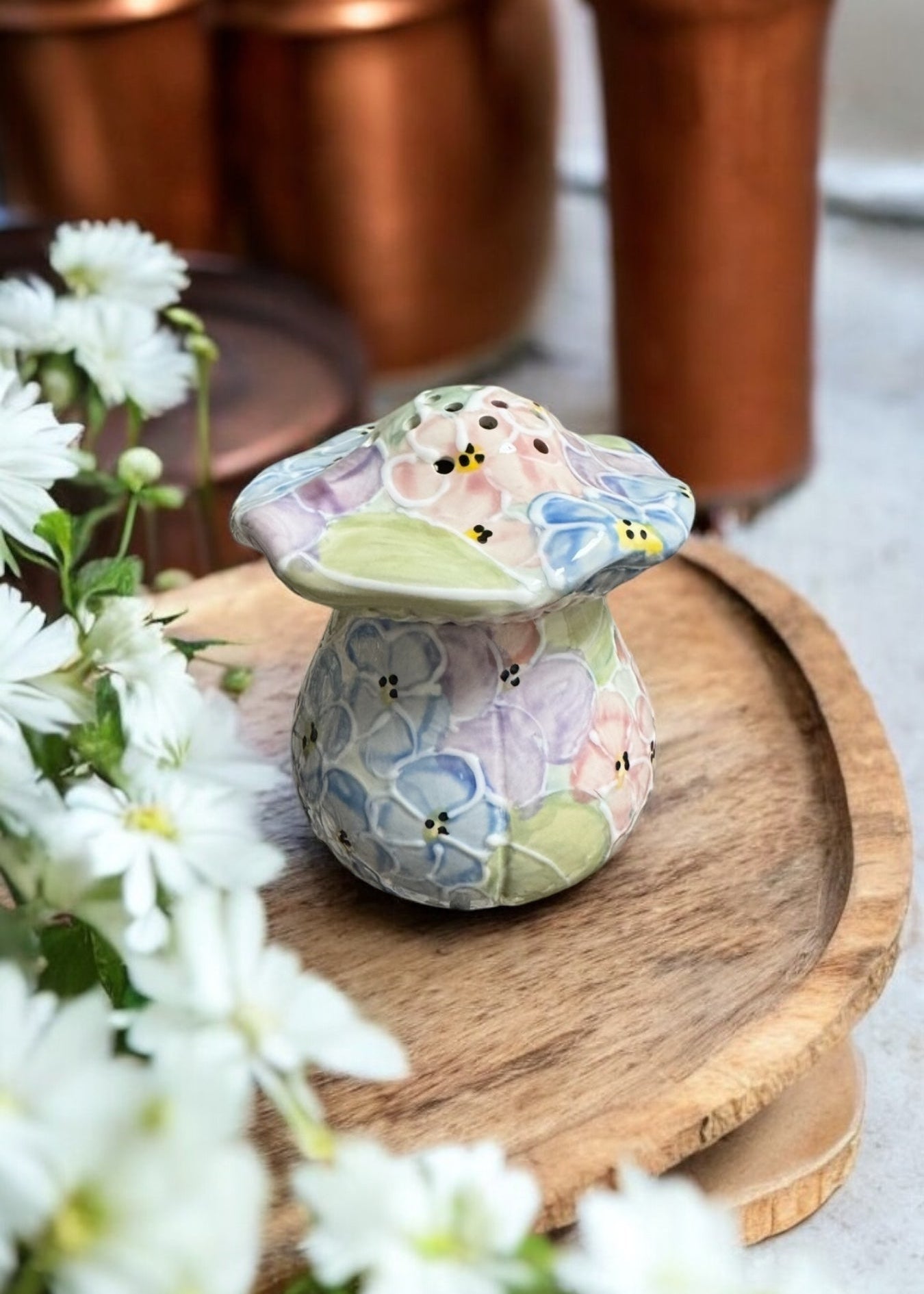 Hydrangea Painted Mushroom ceramic fruit fly trap