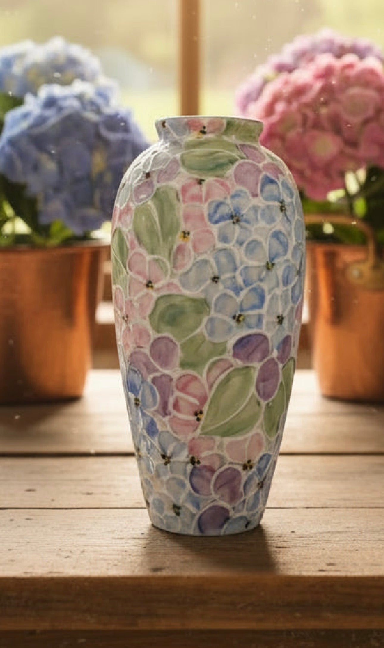 A ceramic vase with a hand-painted floral pattern of purple, pink, and blue flowers with green leaves, displayed on a wooden table with blurred potted hydrangeas in the background.