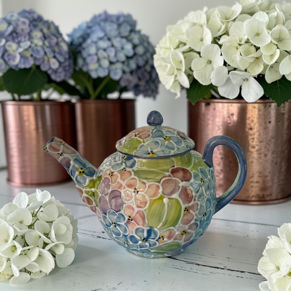 A colorful ceramic teapot with a hand-painted floral pattern sits on a white wooden table, styled with copper planters holding purple and white hydrangeas in the background.