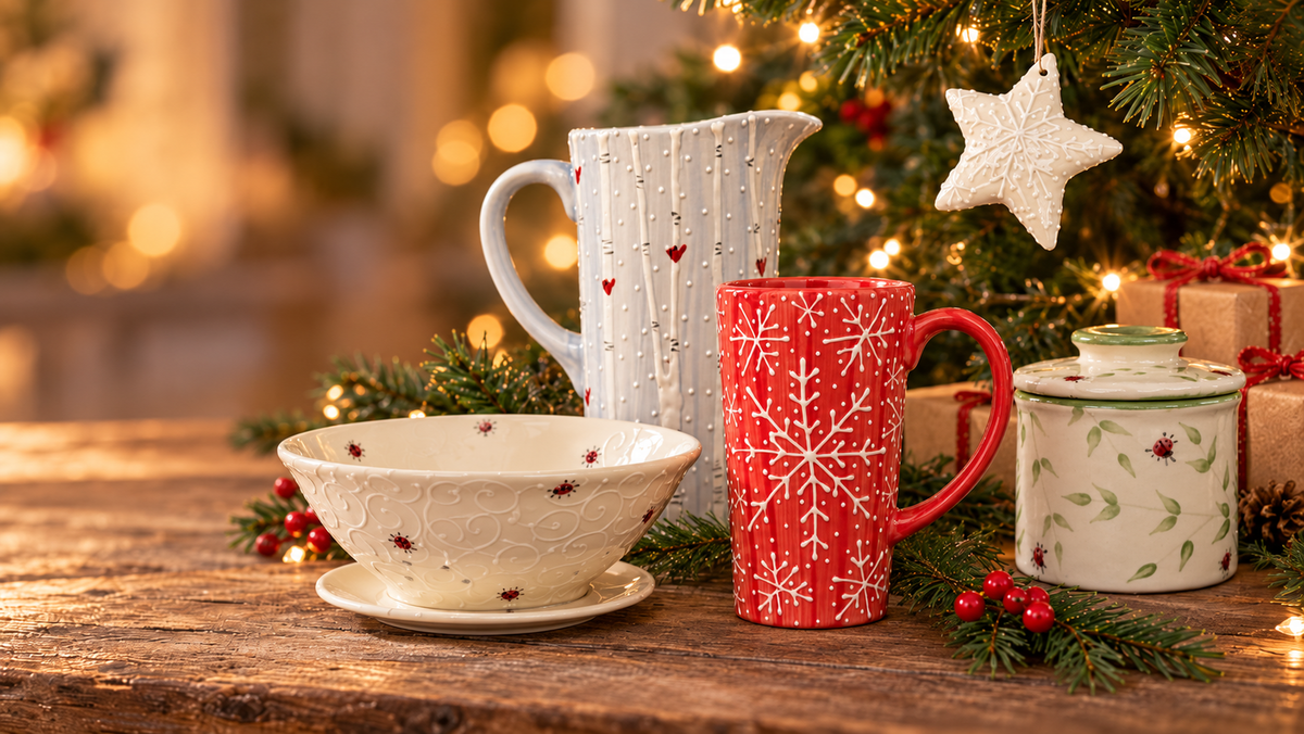 Hand-painted ceramic snowflake mug, ladybug berry bowl, milk jug and butter crock by a Christmas tree, Ladybird Ceramics