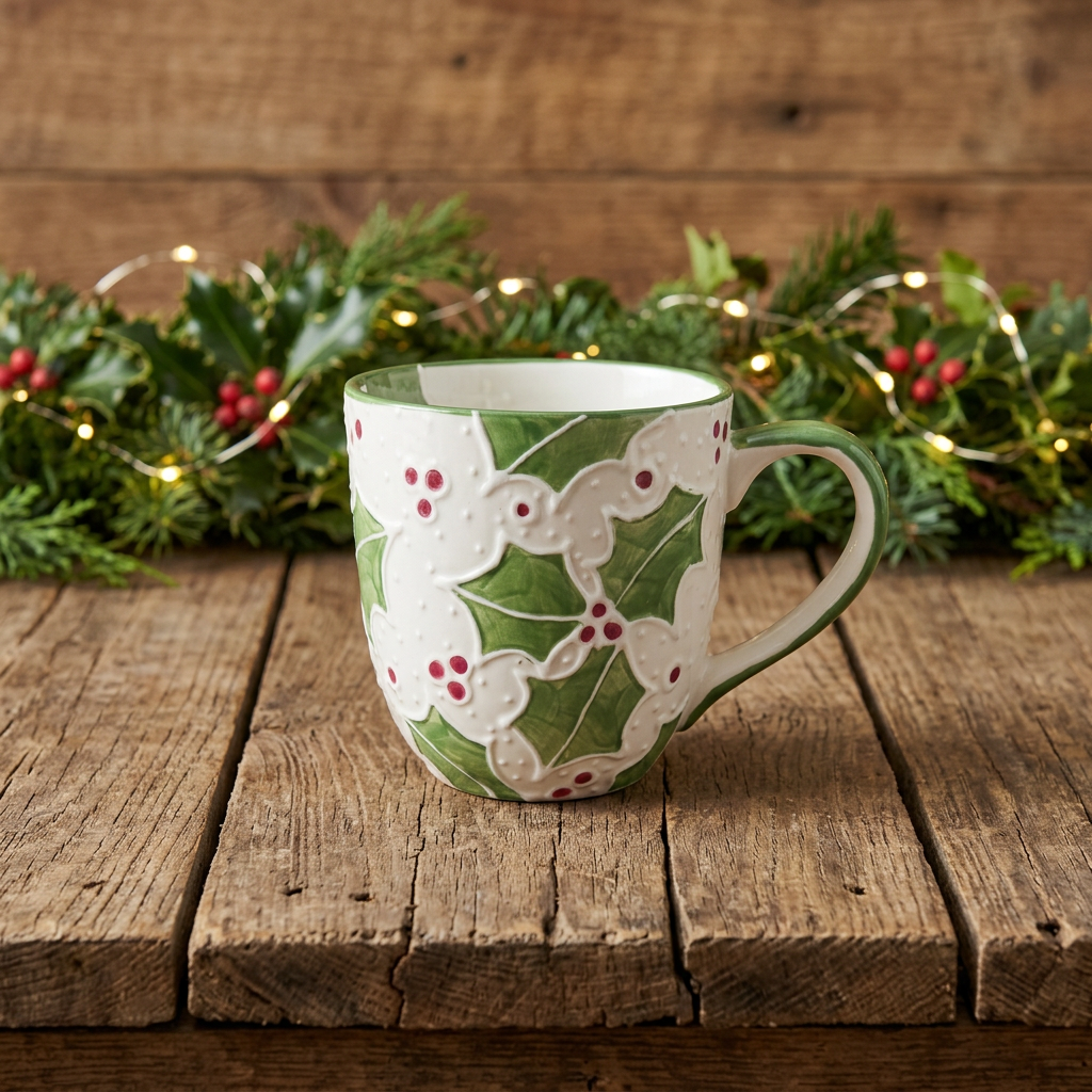 Large 24 oz Christmas mug with a hand-painted white background, large green holly leaves, red berries and raised white dots, Holly design, Ladybird Ceramics