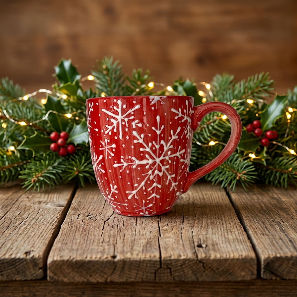 Large 24 oz holiday mug with a hand-painted red background and raised white snowflakes, Red Snowflake design, Ladybird Ceramics