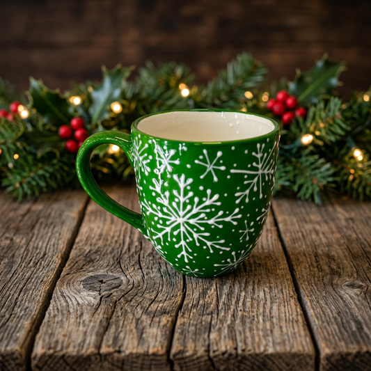 Large 24 oz holiday mug with a hand-painted deep green background and raised white snowflakes, Green Snowflake design, Ladybird Ceramics