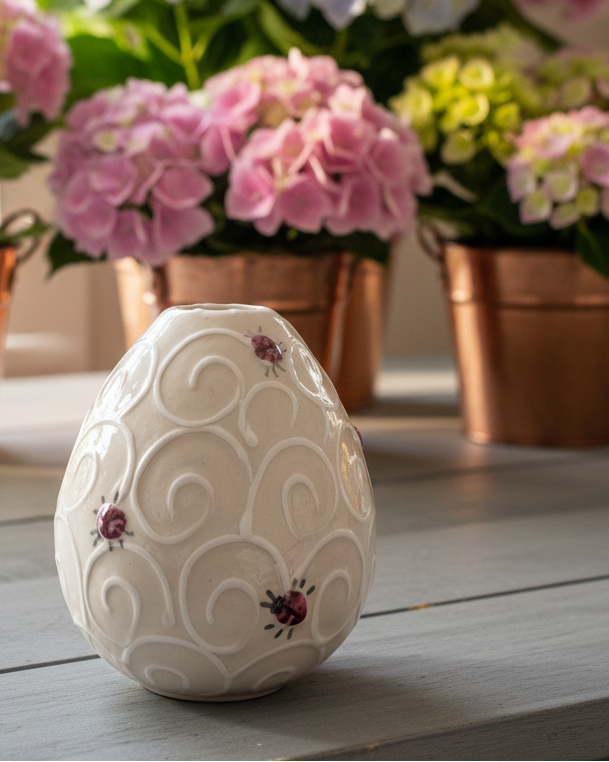 A small white ceramic vase with a textured scroll pattern and tiny red ladybugs, placed on a gray wooden table with blurred pink and blue hydrangeas in the background.