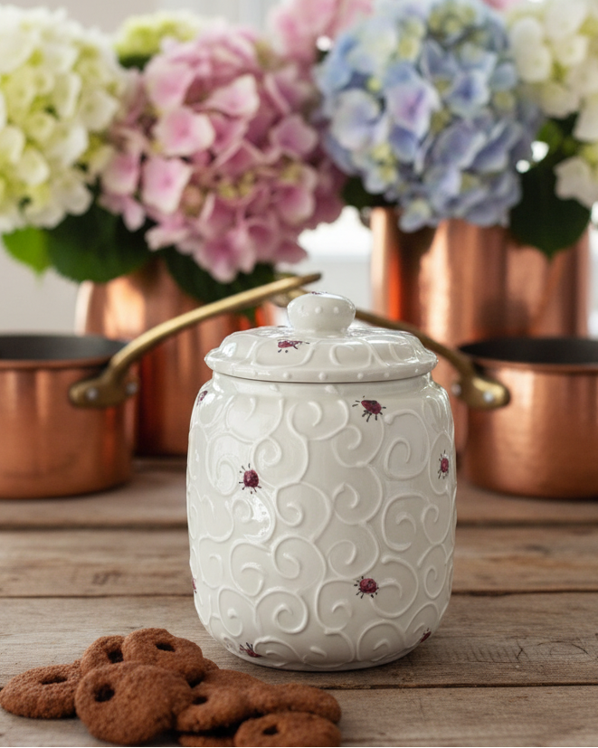 A white ceramic lidded jar with embossed swirl patterns and small red ladybug motifs, set on a wooden table with cookies in the foreground and copper pots with blurred flowers in the background.
