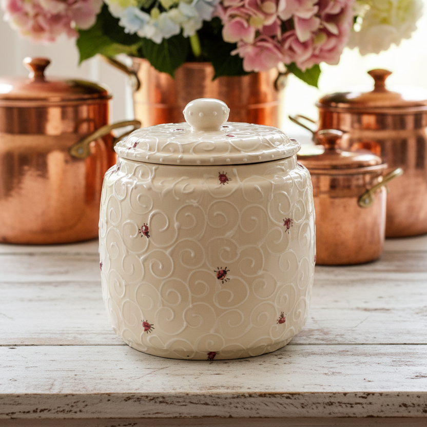 A cream-colored ceramic canister with a lid, featuring an embossed swirl pattern and small red spider motifs, displayed on a rustic white wooden table with copper pots and a bouquet of pink, blue, and white hydrangeas in the background.