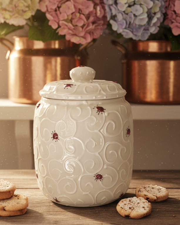 A white ceramic cookie jar with embossed swirl patterns and small red ladybug motifs, styled on a wooden table with cookies and copper pots in the background.