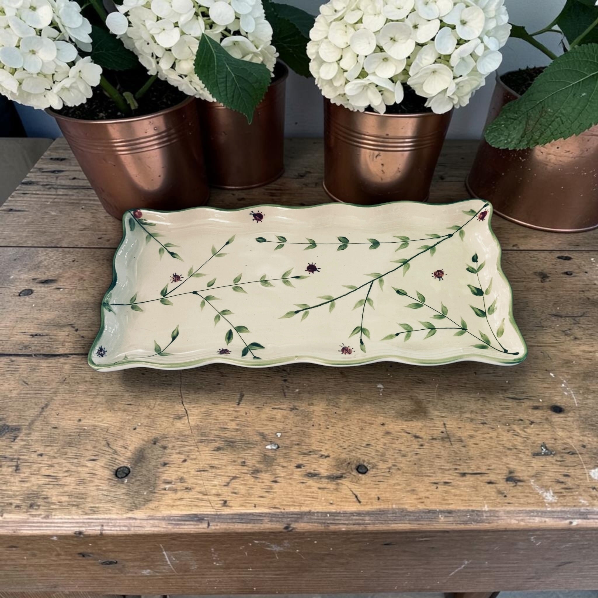 Decorative ceramic tray with floral design on a wooden surface with potted plants.